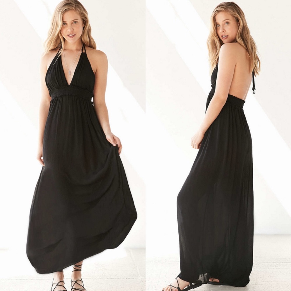 NWT Ecote Black Gauzy Plunging Halter Maxi Dress